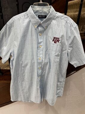 Large Puritan Men's Light Blue Check Button-Down Shirt with Texas A&M Logo